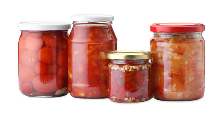 Many jars with different pickled products isolated on white