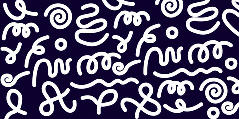 Abstract playful background with wavy, noodle-like purple and red lines on a deep navy backdrop. Dynamic, motion-inspired forms create a vibrant and energetic visual labeled "Wiggle."