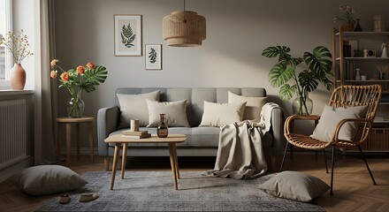Living Room Interior with Sofa, Chair, and Decorations