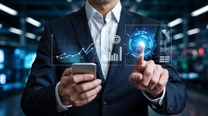 Businessman analyzing data graphs on smartphone futuristic interface with charts innovative