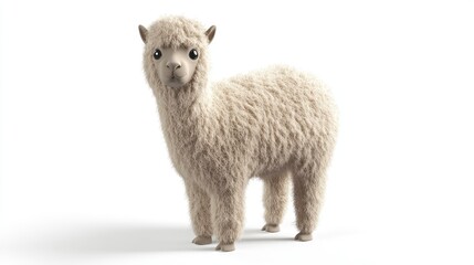 Fototapeta premium A fluffy 3D alpaca with detailed wool, isolated on white under bright studio lights.