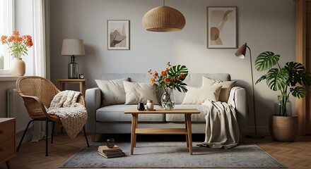 Living Room Interior with Sofa, Chair, Plants, and Decor