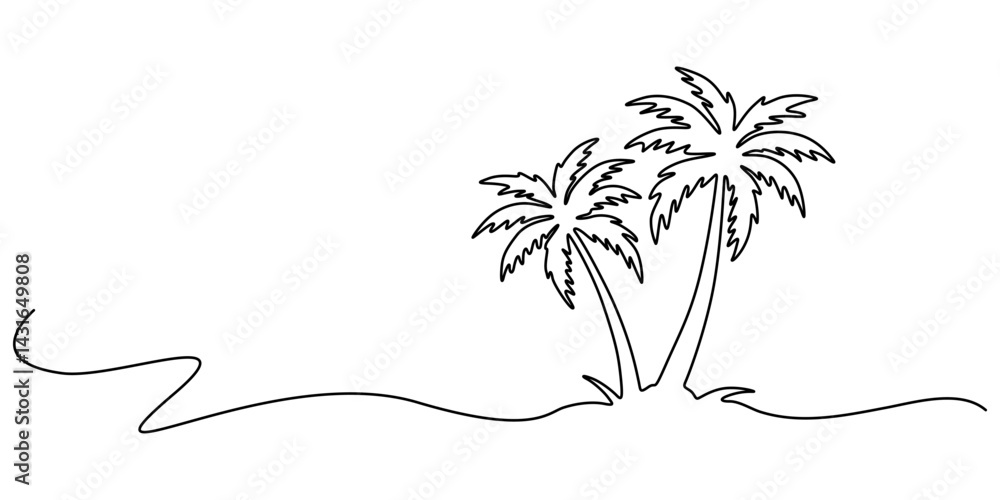 Poster Palm tree continuous one line art drawing of isolated outline vector illustration, Single line drawing palm tree in one continuous line. Tropical vegetation. Coconut palm. Modern minimal illustration.