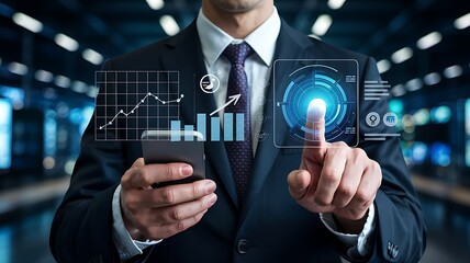 Businessman using futuristic tech analyzing growth charts and data on a smartphone with a sleek
