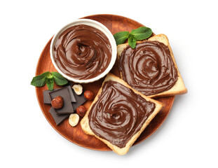 Toasts with chocolate hazelnut spread, nuts, pieces of chocolate and mint isolated on white, top view