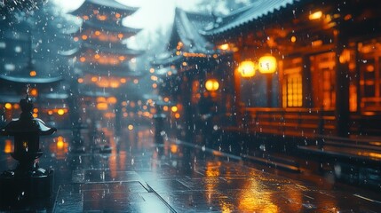 Rainy Japanese temple scene
