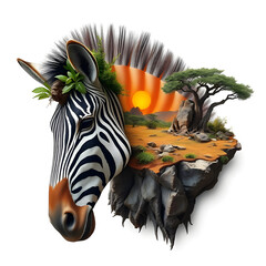 Collage, double exposure, featuring zebra head and hot African landscape.