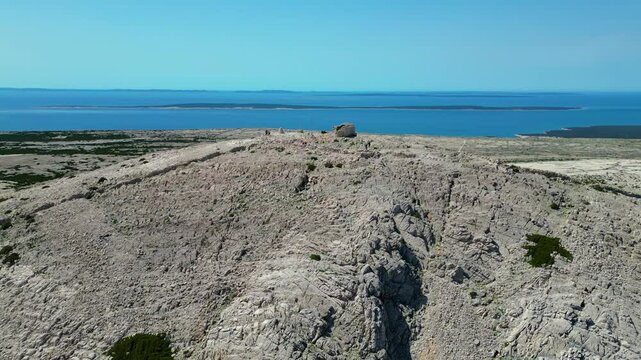 Aerial photo of the remains of the Church of St. Vitus (Sveti Vid) on Pag Island, Croatia. Set on a scenic hilltop with panoramic views of the island&rsquo;s rocky landscape and coastline. Captured by drone