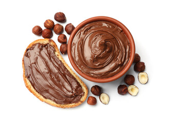 Toast with tasty chocolate hazelnut spread and nuts isolated on white, top view