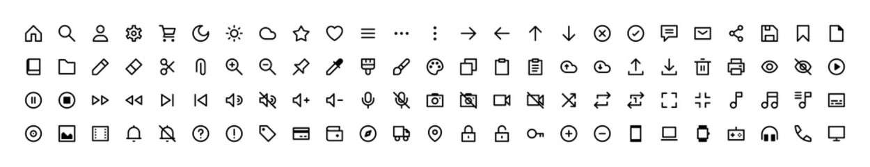 Set of 100 user interface icons in outline style