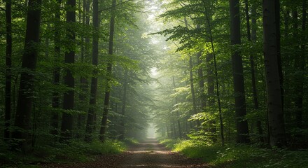 Naklejka premium Enchanted Forest Path Sunlight Through Misty Trees
