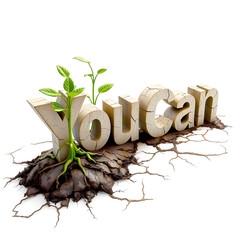 Motivating text YOU CAN, in 3D style, and a young plant, that has broken through the earth.