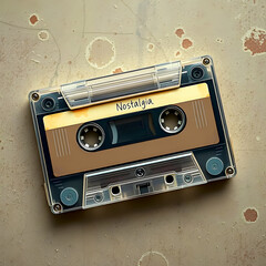 An old tape recorder cassette with the word Nostalgia written on it lies on a worn metal surface.