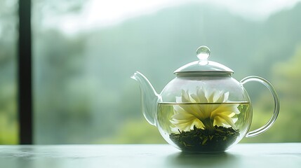 Glass teapot with blooming tea flower.