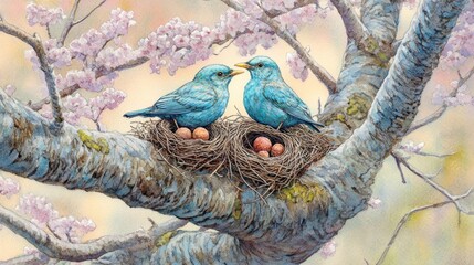 Two bluebirds on a nest with eggs amidst cherry blossoms.