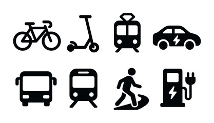 Eco-friendly transportation solid icons set – filled style sustainable travel, green mobility symbols: bicycle, scooter, tram, electric car, bus, train, pedestrian, charging station.