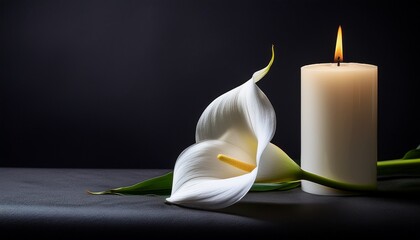 burning candle and white calla lily on dark background with copy space sympathy card