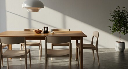 Wooden Dining Table with Chairs and Plant