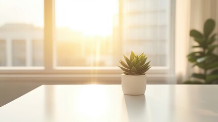 Fototapeta premium Sunlit indoor scene featuring succulent plant on table near window