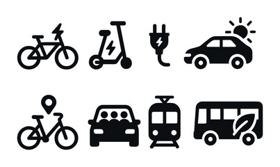 Eco-friendly transportation icon set &ndash; solid style mobility, sustainability, and urban commuting symbols: bicycle, electric scooter, plug, car, location pin, tram, bus.