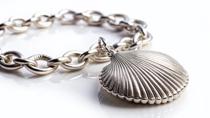 Naklejka premium Handmade Scallop Shell Charm Silver Bracelet Chain Macro Detail - Isolated White Background