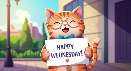 Smiling cartoon cat wishes a happy wednesday with cheerful illustration