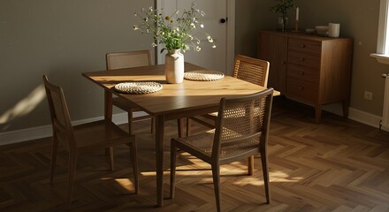 Wooden Dining Table with Chairs and Floral Arrangement