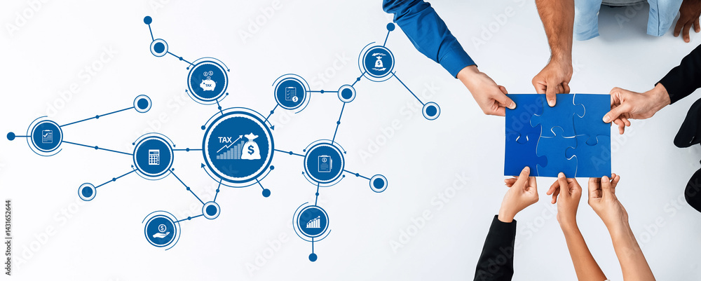 Poster engaging image depicting collaborative hands working on a puzzle representing tax strategy and finan