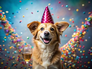 Happy Dog Celebrates with Confetti and Wine, Panoramic Photo