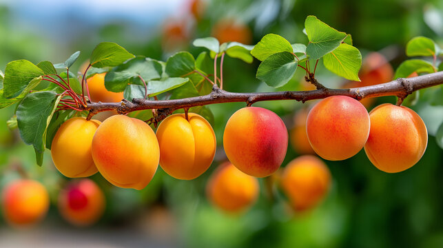 apricots on a branch. Apricot picking. Ripe fruits of the apricot tree on a branch with leaves in an orchard.
