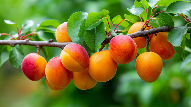apricots on a branch. Apricot picking. Ripe fruits of the apricot tree on a branch with leaves in an orchard.