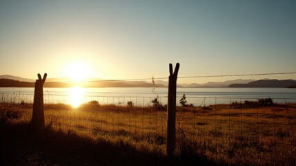 Golden sunset illuminates a peaceful lake beyond a rustic fence in the countryside, creating a tranquil and picturesque scene with soft light and warm tones.