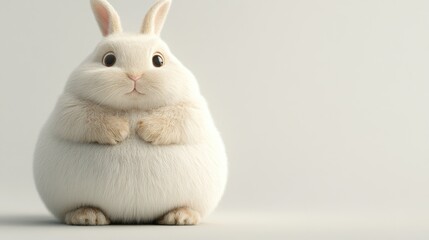 Obraz premium A realistic 3D illustration of a chubby, fluffy rabbit sitting calmly with its paws tucked under its round body. Soft lighting highlights the texture of its fur on a clean white background.