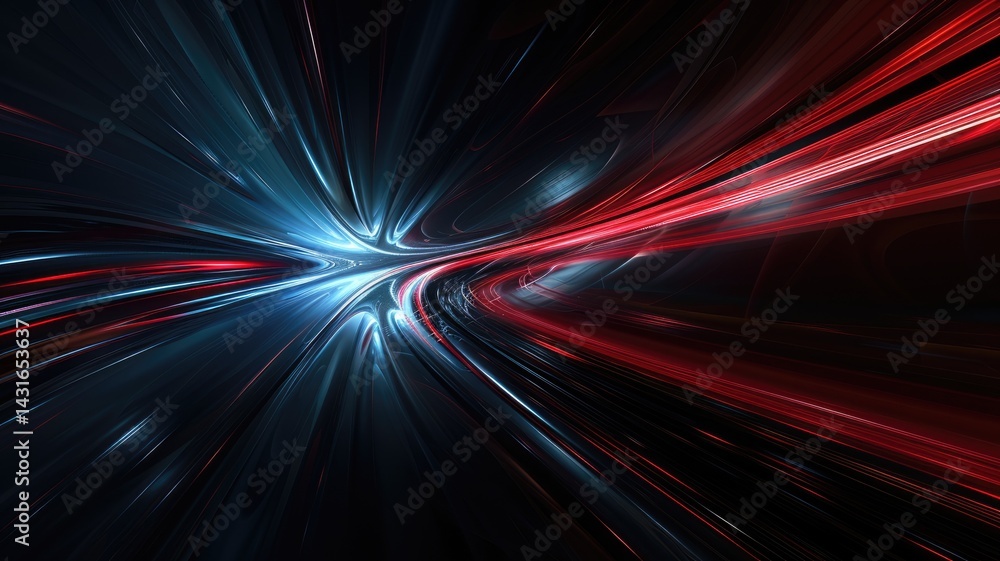Poster swirling picture of red ray and blue light sparkling particles scattered across a space background, 