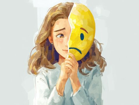 Young woman hiding her sadness behind a painted smile
