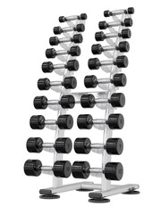 Gym Dumbbell rack, a stand for weightlifting gym equipment with different size and weight dumbbells, isolated on white background. 3D illustration