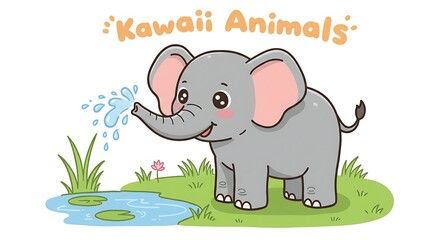 Charming cartoon elephant sprays water in an idyllic landscape illustration