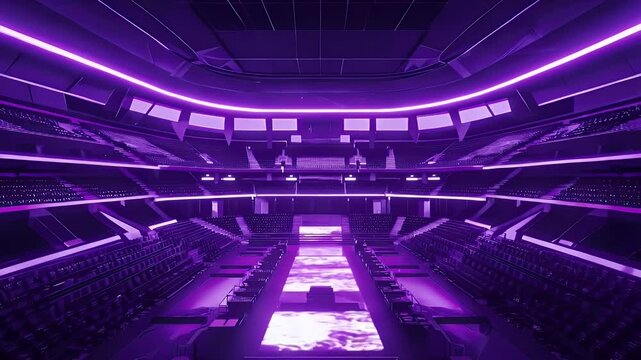 Futuristic arena with purple neon lighting.  Grand scale venue
