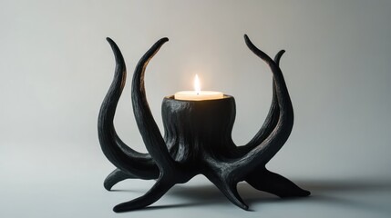 Obraz premium Black octopus candle holder, lit candle, grey background, home decor