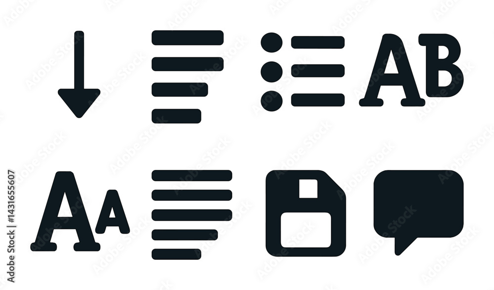 Poster text editing solid icons set – flat style words, writing, and document symbols for content creation: