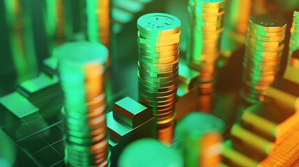 Growing money, finance and investment. Coins stack the growth comparison year 2024 to 2025 with a green success graph in 2025. business growth, profit,