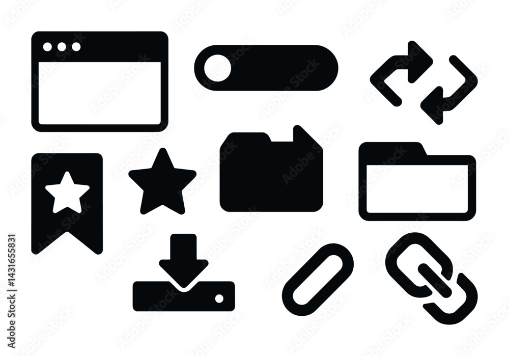 Poster web interface solid icons set – flat style navigation, digital tools, and ui elements: browser, togg