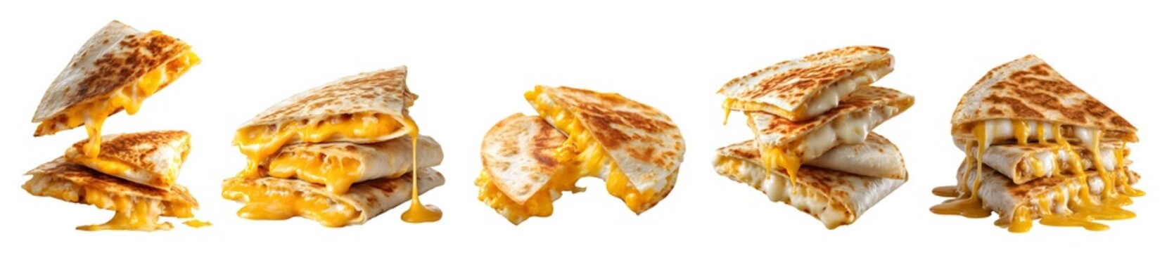 Set of cheesy quesadilla tortilla, many angles view side dripping filled with melted cheese isolated on transparent cutout, PNG file. Mockup template for artwork graphic
