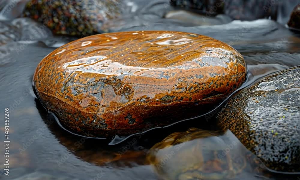 Poster smooth orange stone resting in a flowing stream, surrounded by various textured rocks