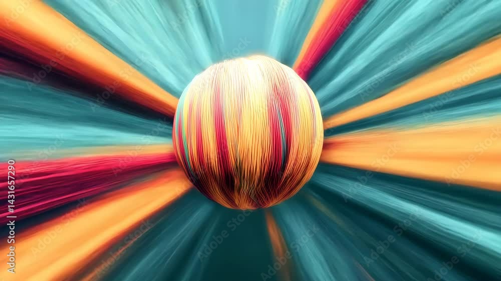 Poster vibrant abstract sphere with colorful stripes radiating outward in a dynamic display.