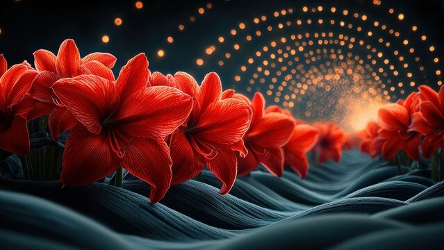 Vibrant amaryllis blooms: red petals illuminate abstract floral landscape with glowing lights