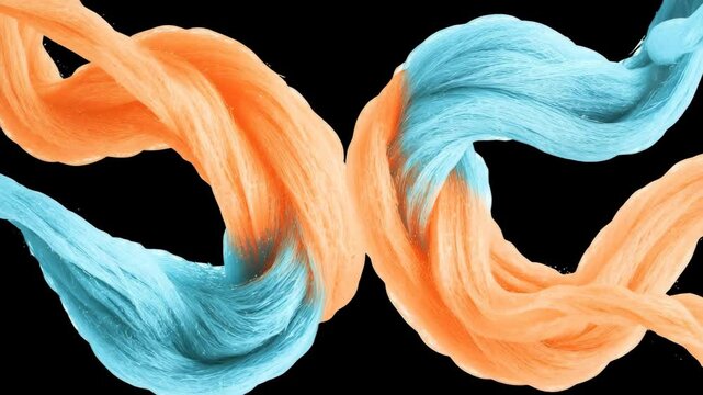 Vibrant blue and orange swirling fibers create a dynamic visual on a black background.
