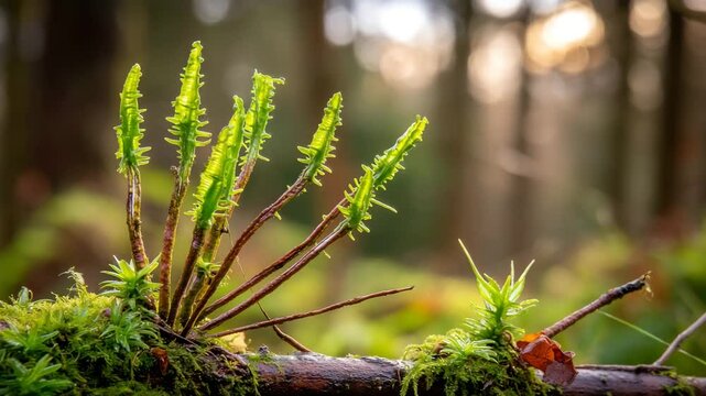 Lush Green Moss Growing on a Log with Soft Sunlight Filtering Through Trees in a Serene Forest Setting