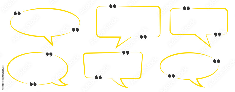 Poster collection of yellow quote box frames and icons. empty speech and quote bubbles. yellow quote box fr
