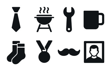 Father's day flat icon set – celebratory dad symbols for holiday gifting: tie, barbecue, wrench, mug, socks, medal, mustache, portrait